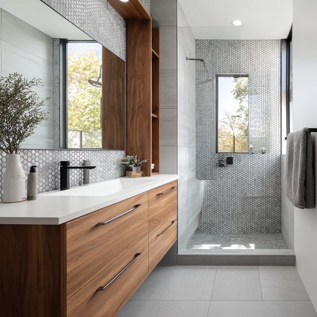 Modern bathroom with wood vanity and penny tile shower wall.
