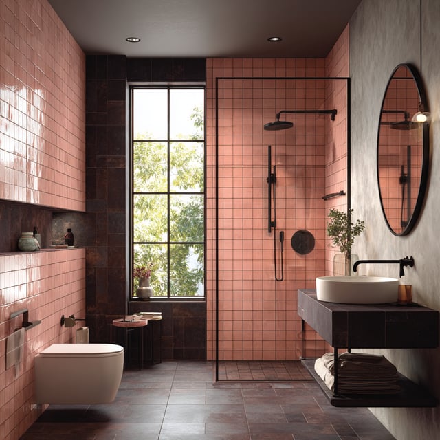 A modern bathroom with salmon-pink tiled walls, a black-framed glass shower, and a large window.