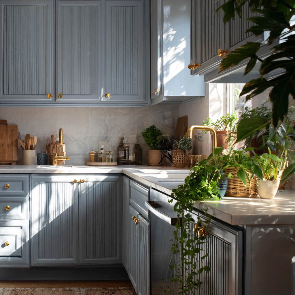 Blue kitchen with gold handles, marble tops, and many plants.