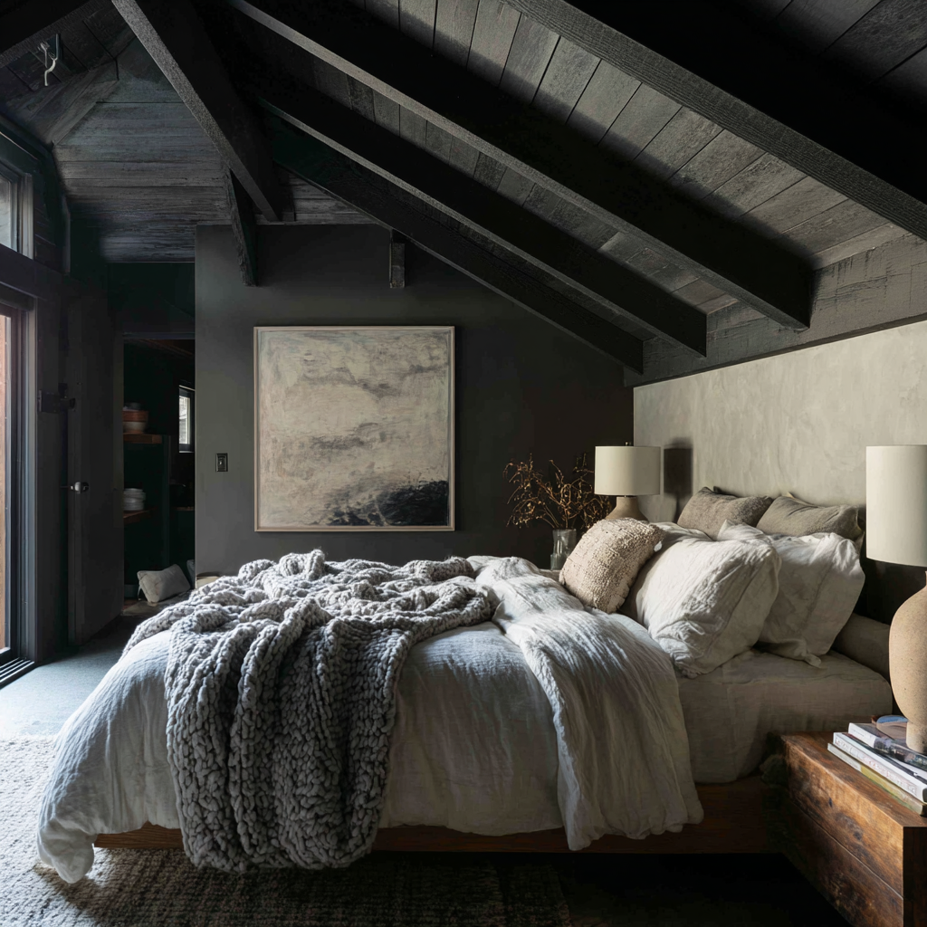 [Image 5: Dark stained vaulted bedroom]