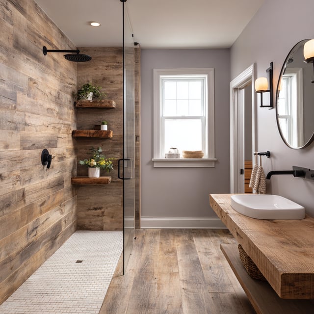 Rustic bathroom with wood shower walls and a live edge vanity.