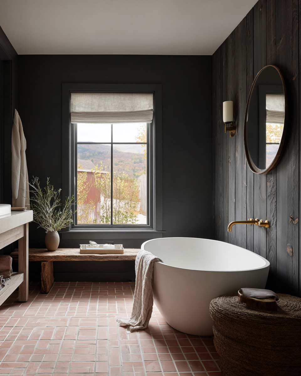 Dark-walled bathroom with terracotta floors.