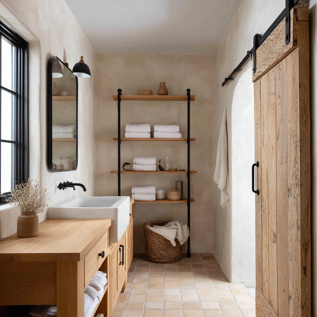 Warm plaster bathroom with natural oak vanity, black iron shelving, and sliding barn door.