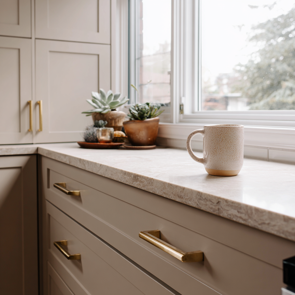 Taupe kitchen with gold handles, marble top and a tan mug.