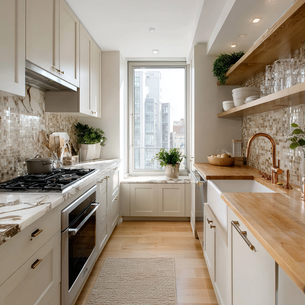 A galley kitchen featuring a marble counter on the left and a wood one on the right.