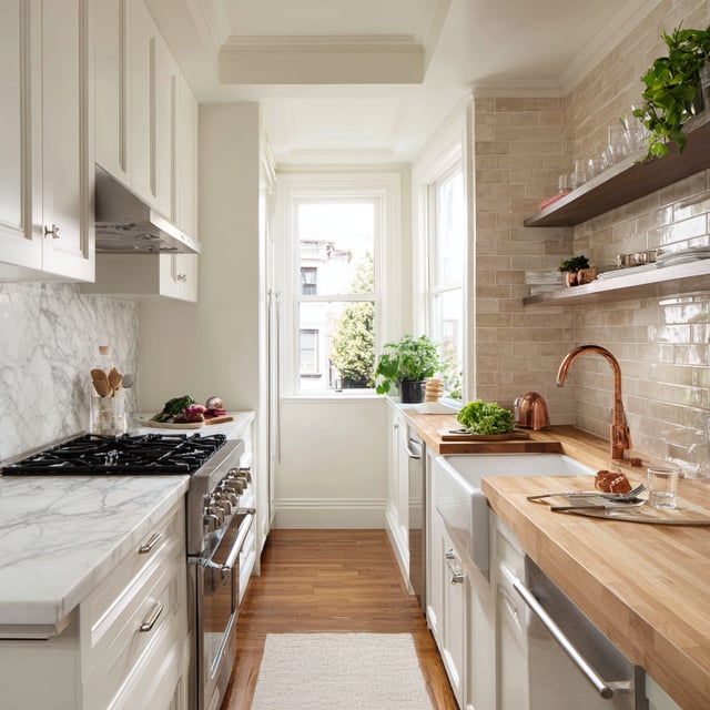 Galley kitchen with wood and marble tops and a copper tap.