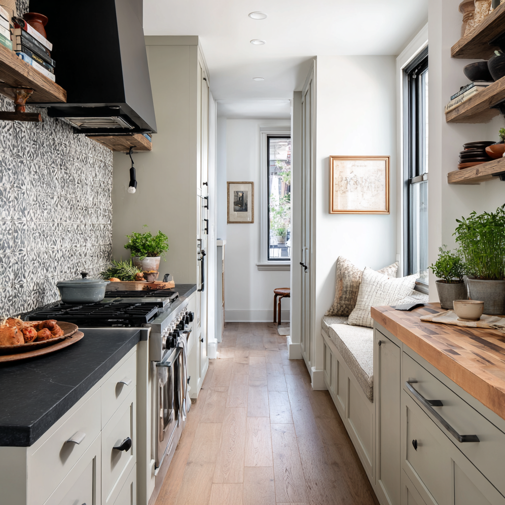 Light wood kitchen with green tile, gold taps and dark island.