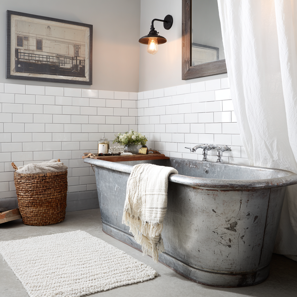Galvanized metal stock-style tub with white subway tile, vintage art, and industrial lighting.