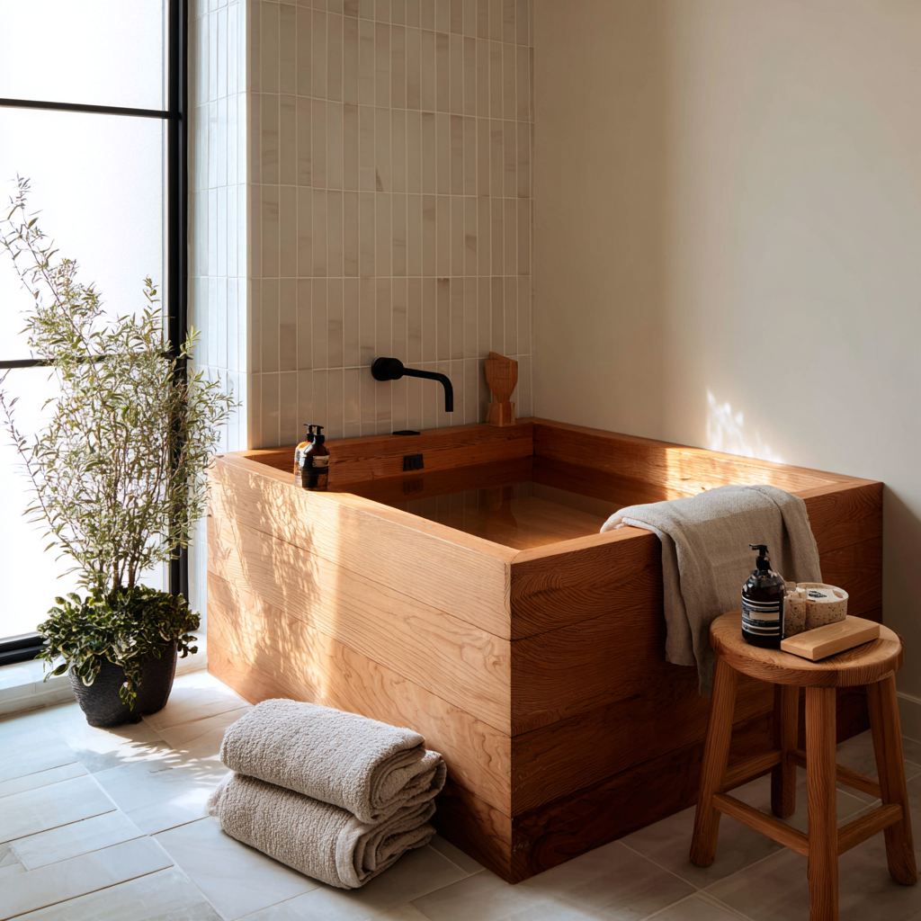 Rectangular wood soaking tub with matte black fixtures.
