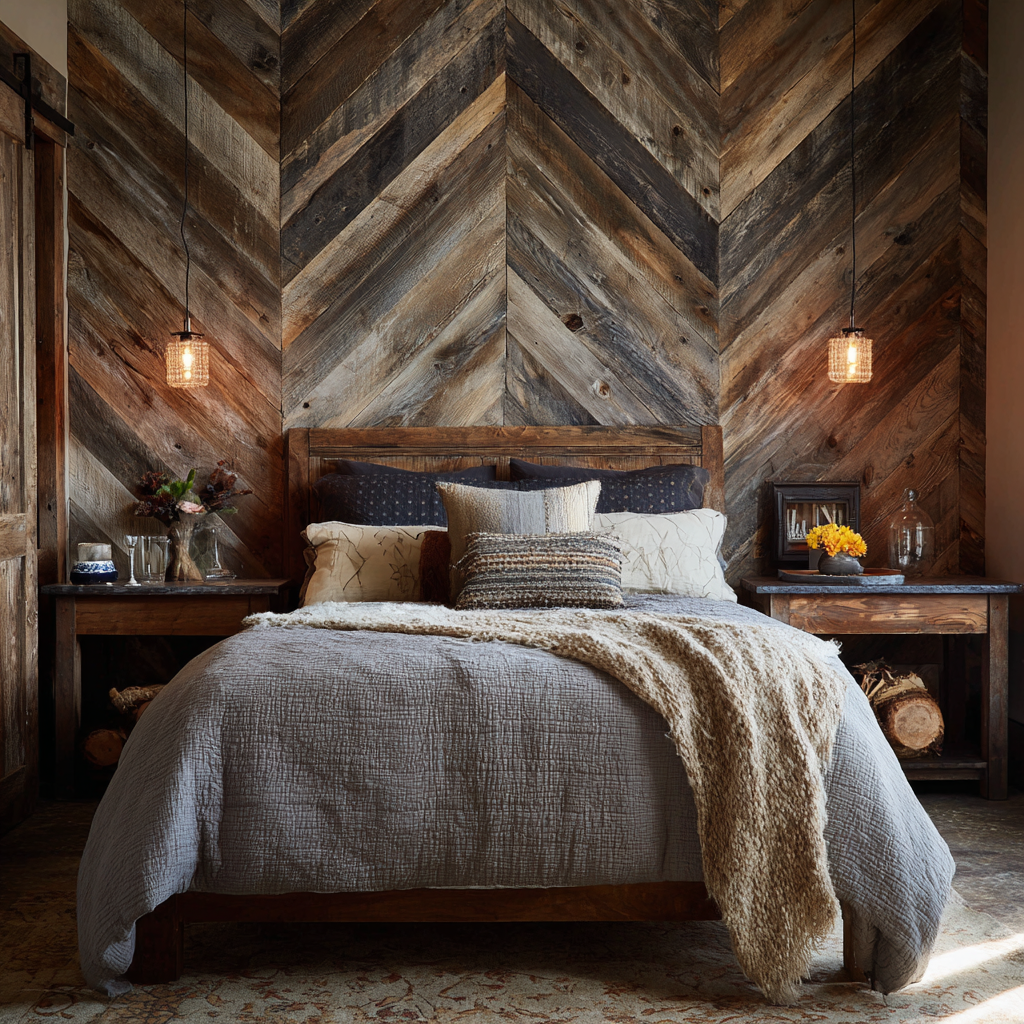 Bedroom with chevron wood wall, pendant lights, and cozy bed.
