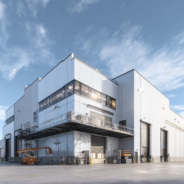 A large, modern, white metal industrial building with multiple bay doors, an elevated loading dock, and an orange scissor lift parked outside under a cloudy blue sky.
