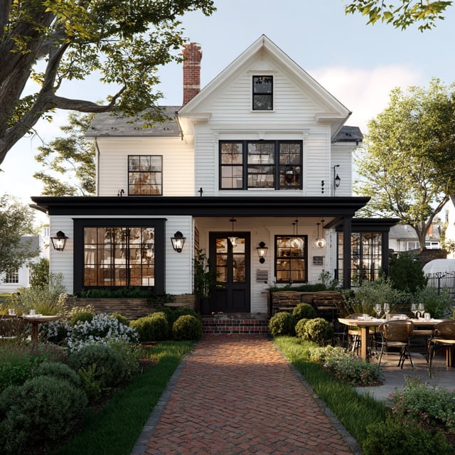 Charming white farmhouse restaurant with a brick walkway and patio.