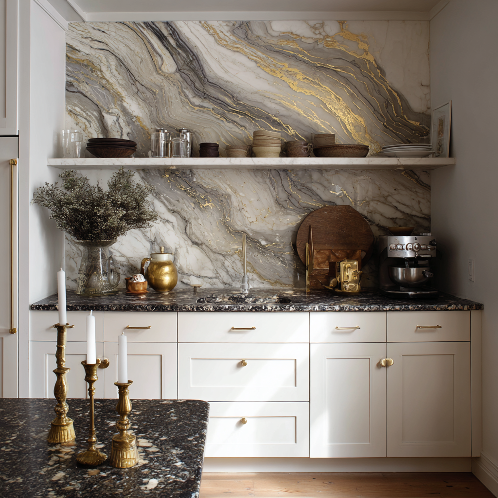 The kitchen with dramatic veined marble slab backsplash, dark granite countertop and island, brass candlesticks, and a single open shelf with ceramics
