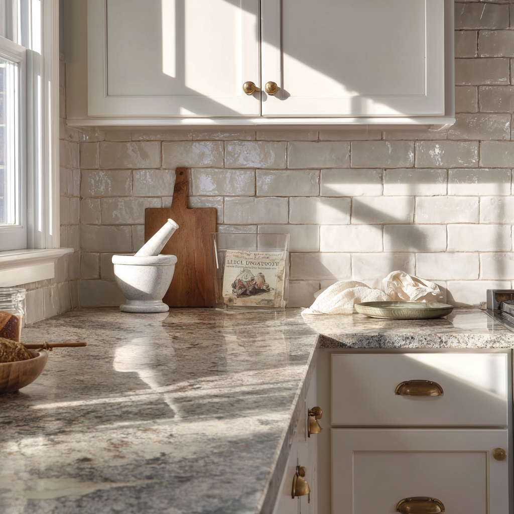 IMAGE: The kitchen with handmade cream subway tile, brass hardware, and cool-toned granite catching afternoon light 