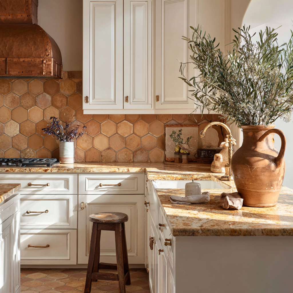 The Mediterranean-inspired kitchen with terracotta hexagonal tile backsplash, copper range hood, golden granite countertops, and olive branches in a clay pitcher
