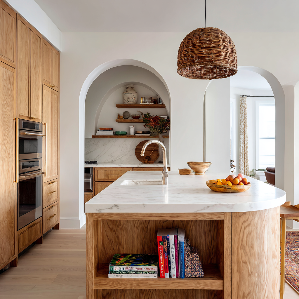 Light wood kitchen with curved island, arched nooks and wicker lamp.