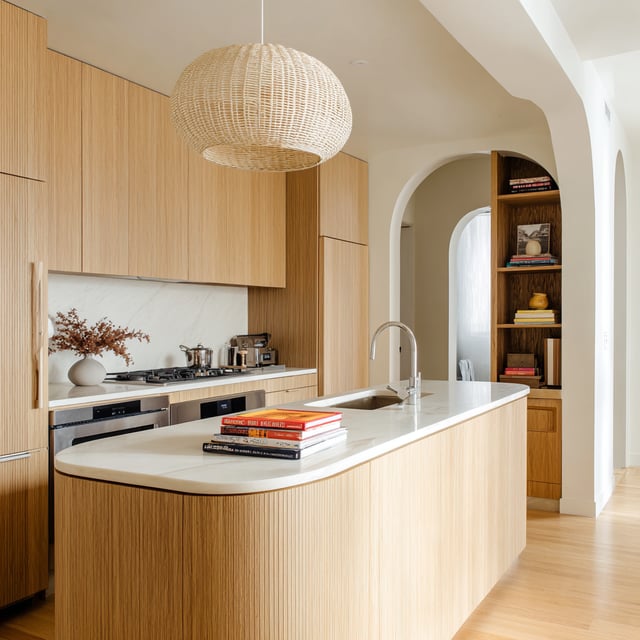 A kitchen with a curved, light wood island.