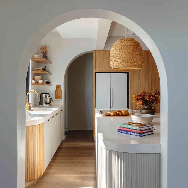 A kitchen with curved waterfall island and arched entryway.