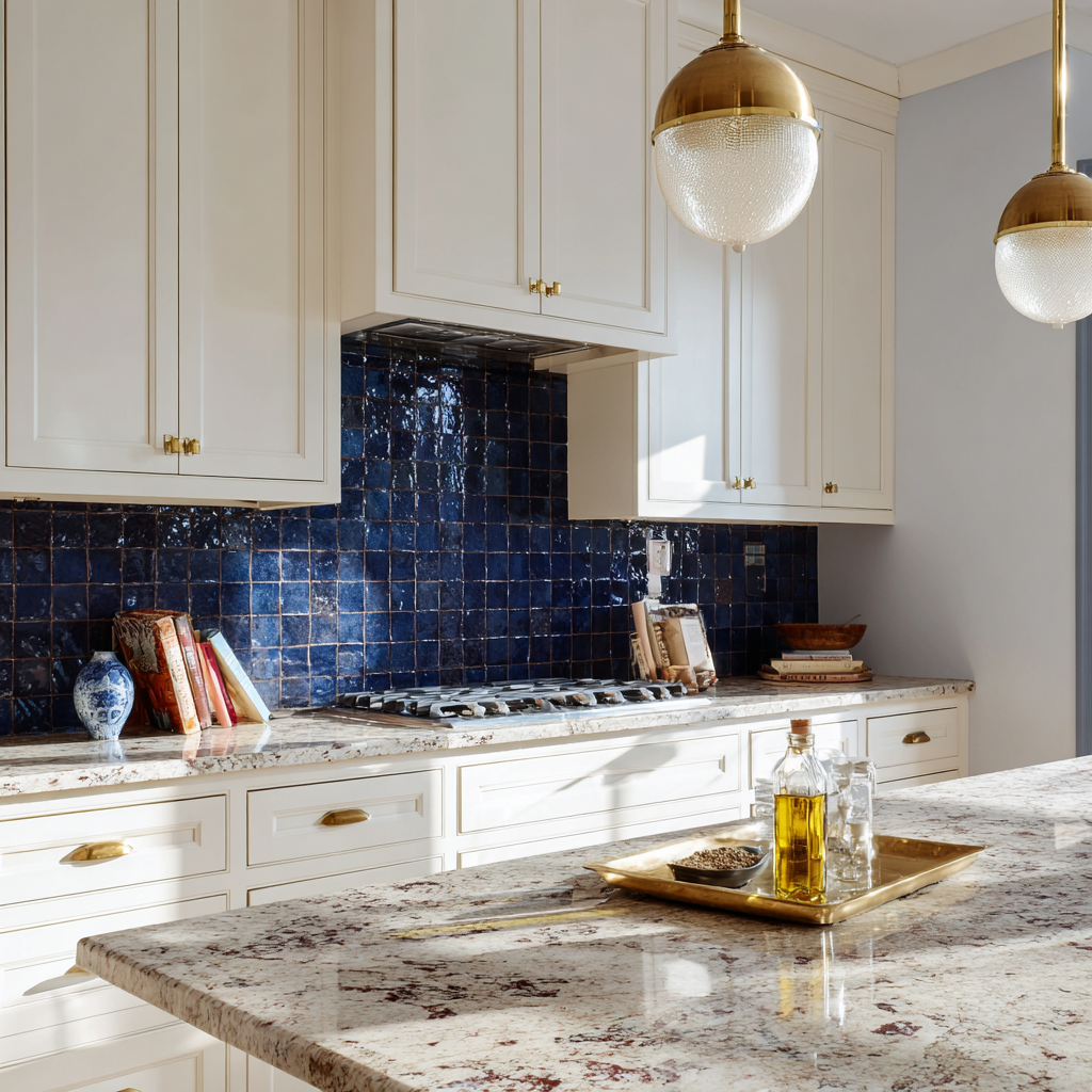 IMAGE: The kitchen with deep navy zellige tile, cream cabinets, brass pendants, and warm-veined granite