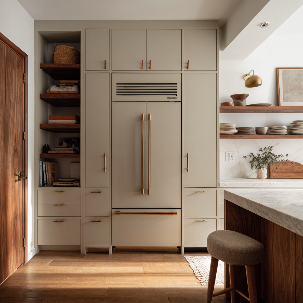 Greige kitchen with floor-to-ceiling cabinets and gold trim.