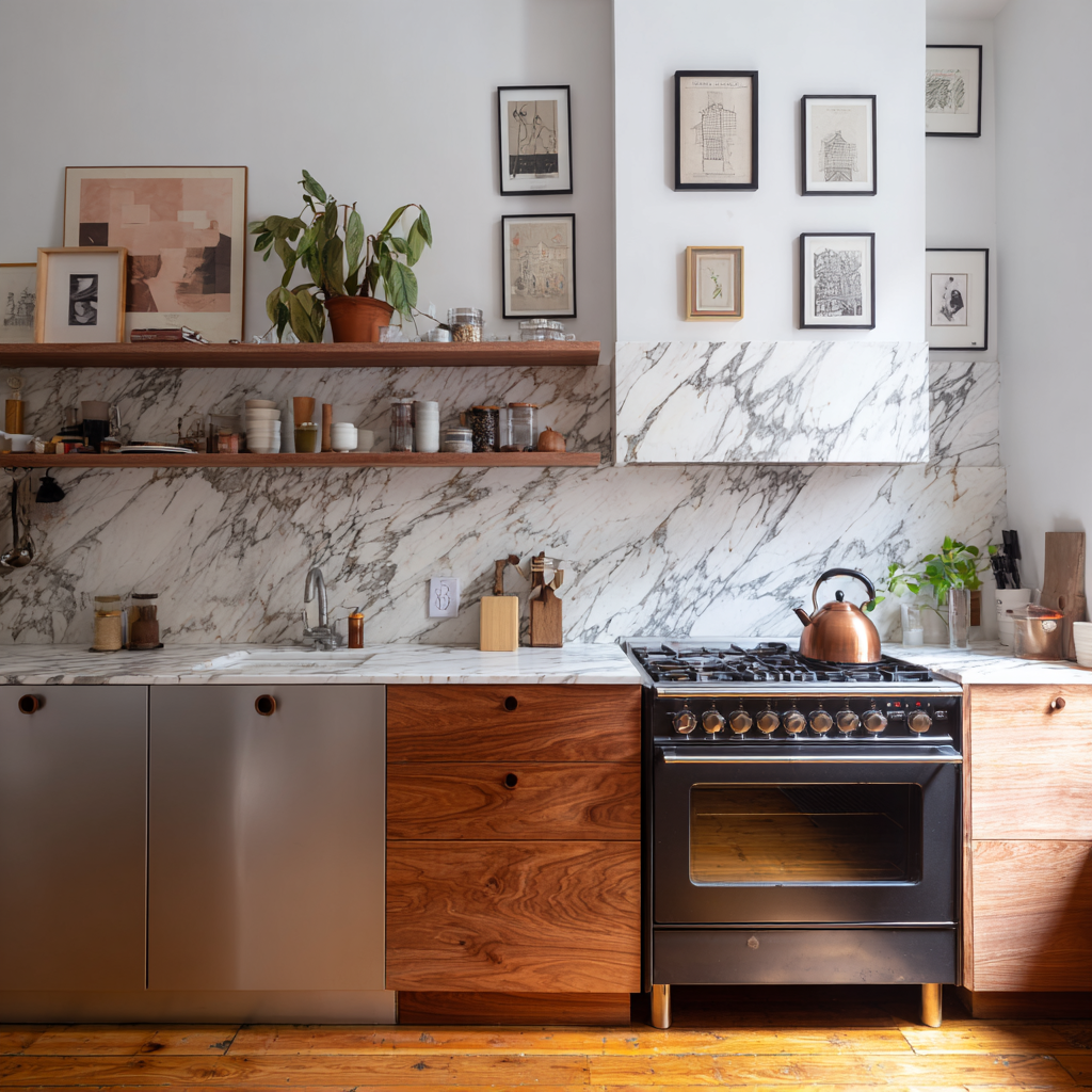 Modern kitchen with steel and wood cabinets and marble wall.