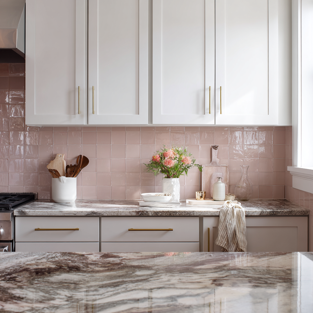 The kitchen with blush pink zellige backsplash, white cabinets, gold bar hardware, and swirled brown-and-cream granite countertopsThe kitchen with blush pink zellige backsplash, white cabinets, gold bar hardware, and swirled brown-and-cream granite countertops
