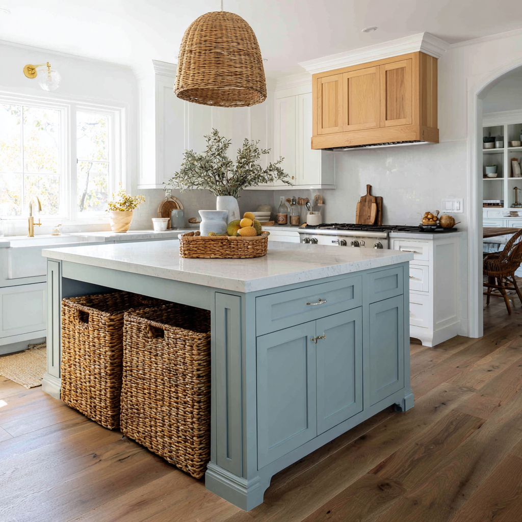 A large transitional kitchen with pale blue paint