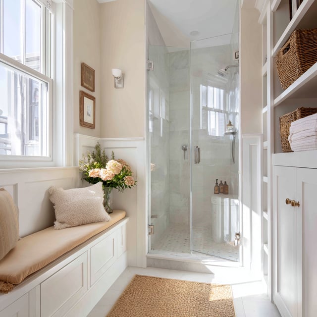 A light-drenched, white and neutral-toned bathroom features a glass shower enclosure, a built-in window bench with storage, and open shelving with woven baskets.
