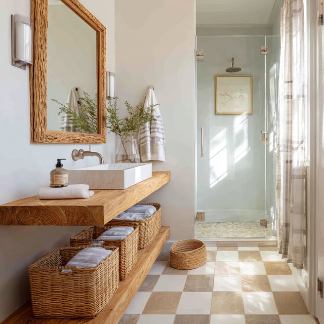 A light-filled bathroom features a vessel sink on a rustic wooden floating vanity with woven baskets underneath, a woven-framed mirror, a glass-enclosed shower, and a checkered tile floor.