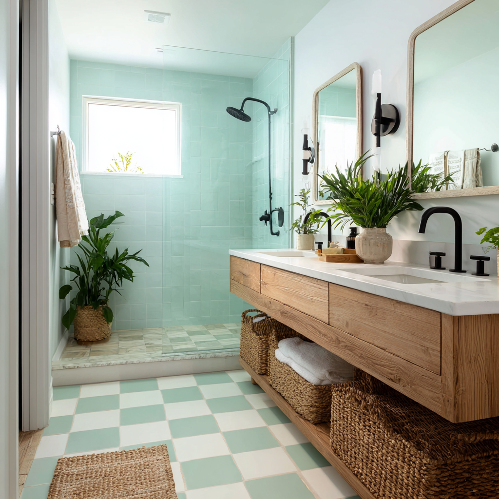 Light-filled bathroom with mint ceramic tile shower and checkerboard tile floor.