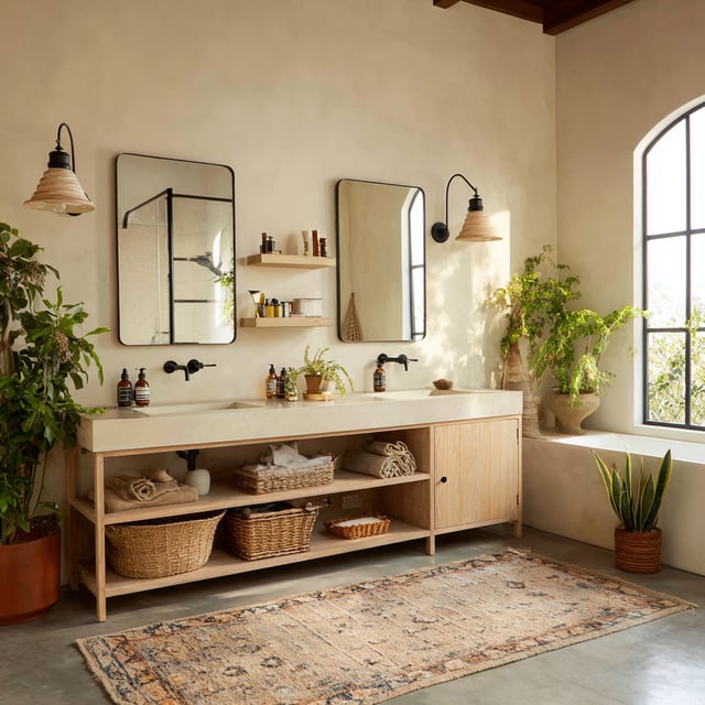 A light-filled bathroom features a double vanity with a light-colored countertop and wooden open shelving, two rectangular mirrors, two woven sconces, and several potted plants, with a patterned rug on the floor.