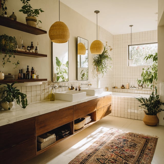 A bright bathroom features a long wooden vanity with two rectangular sinks, white subway tile walls, a bathtub, several potted plants, and two large woven pendant lights hanging over the counter.