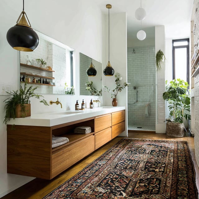 A spacious and well-lit bathroom features a long, floating wooden vanity with an integrated white sink, two large mirrors, brass fixtures, dual dark-toned hanging pendant lights, and a vibrant, patterned area rug on a wooden floor, with a walk-in shower visible in the background.