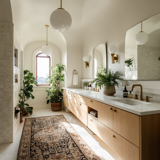 A bright, sunlit bathroom features a long light wood vanity with a white countertop and dual sinks, brass hardware, a vintage-style rug on the white tiled floor, and several potted plants, with light entering through an arched window.