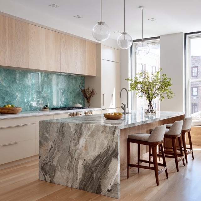 Bright open kitchen with waterfall marble countertop, wood cabinets, and wood flooring