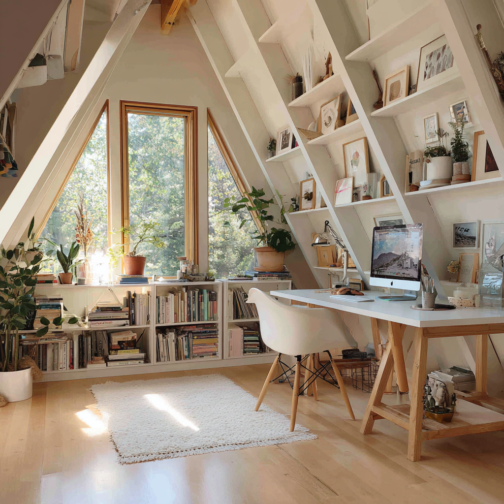A light-filled A-frame workspace featuring integrated white shelving that climbs the sloped walls.