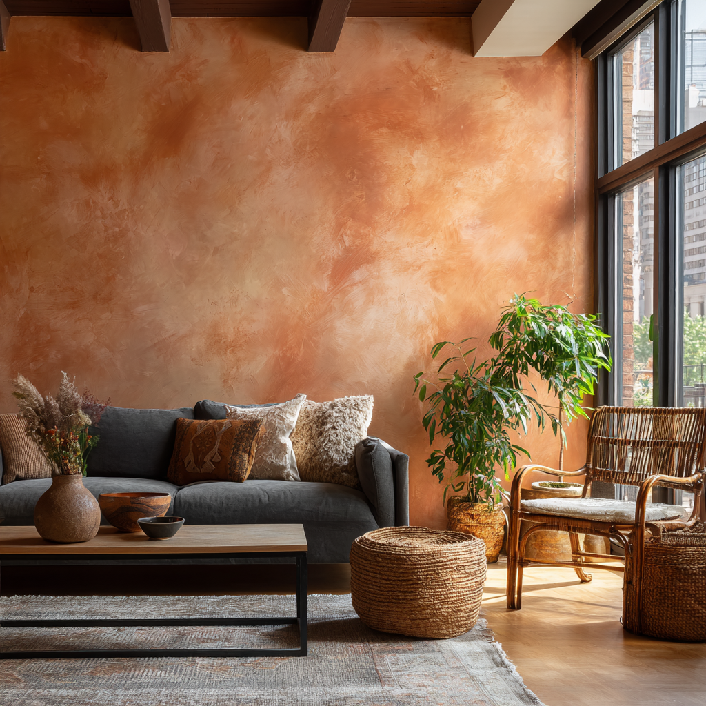 A living room with a terracotta-colored feature wall, a gray sofa, and natural wood and woven accents.