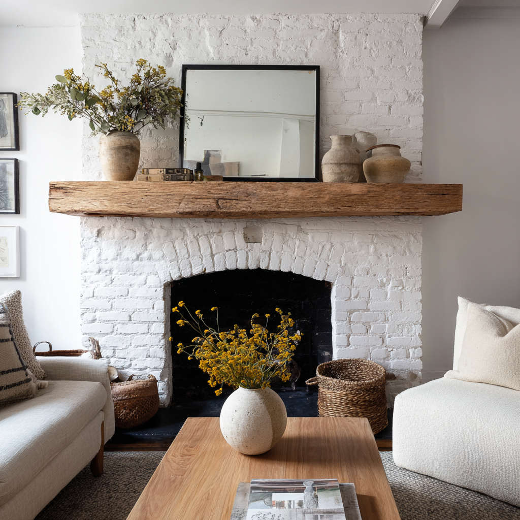 White brick fireplace with a wood mantle and yellow flowers.