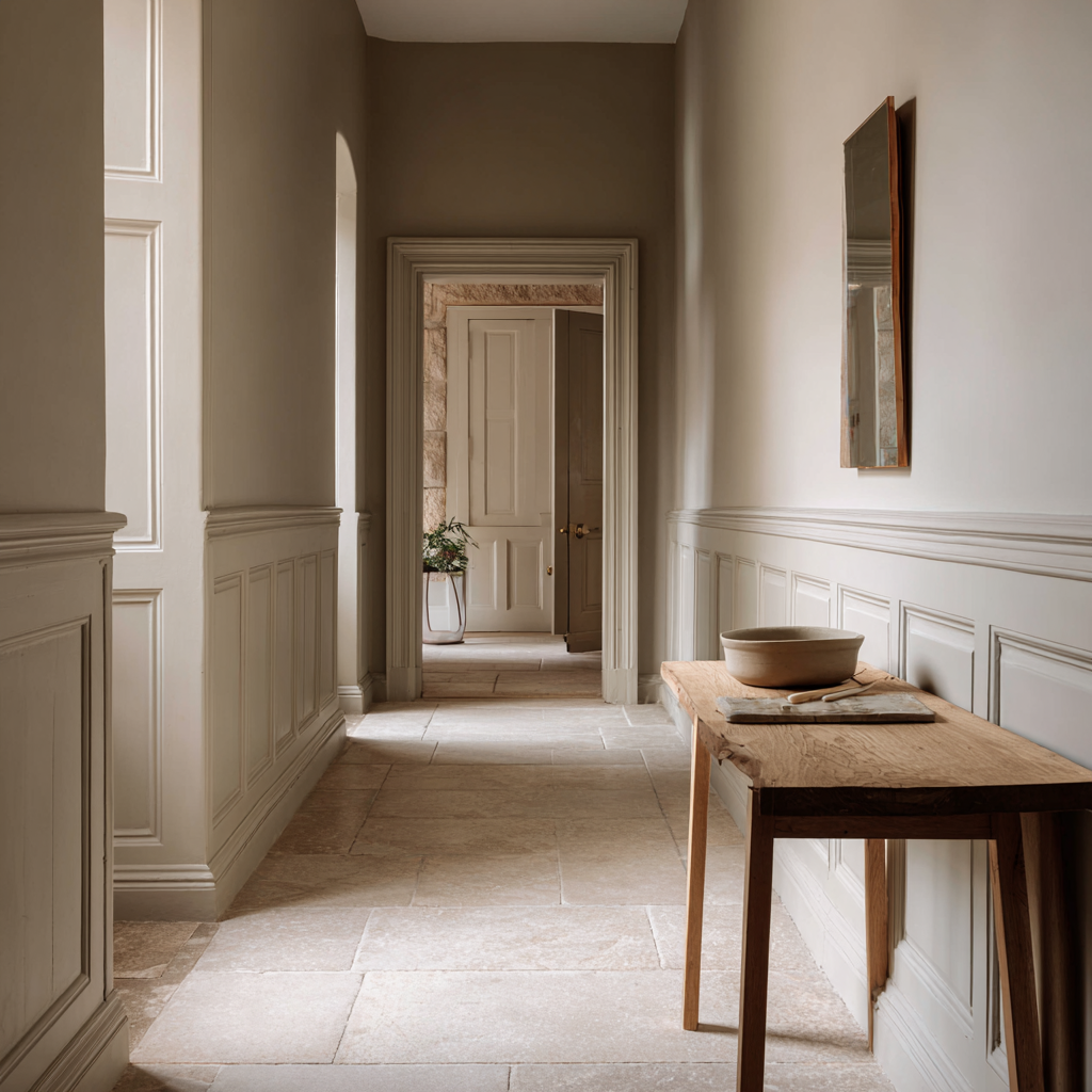 Image 1: Classical dado rail moulding and raised paneling give this hallway a grounded, layered quality.