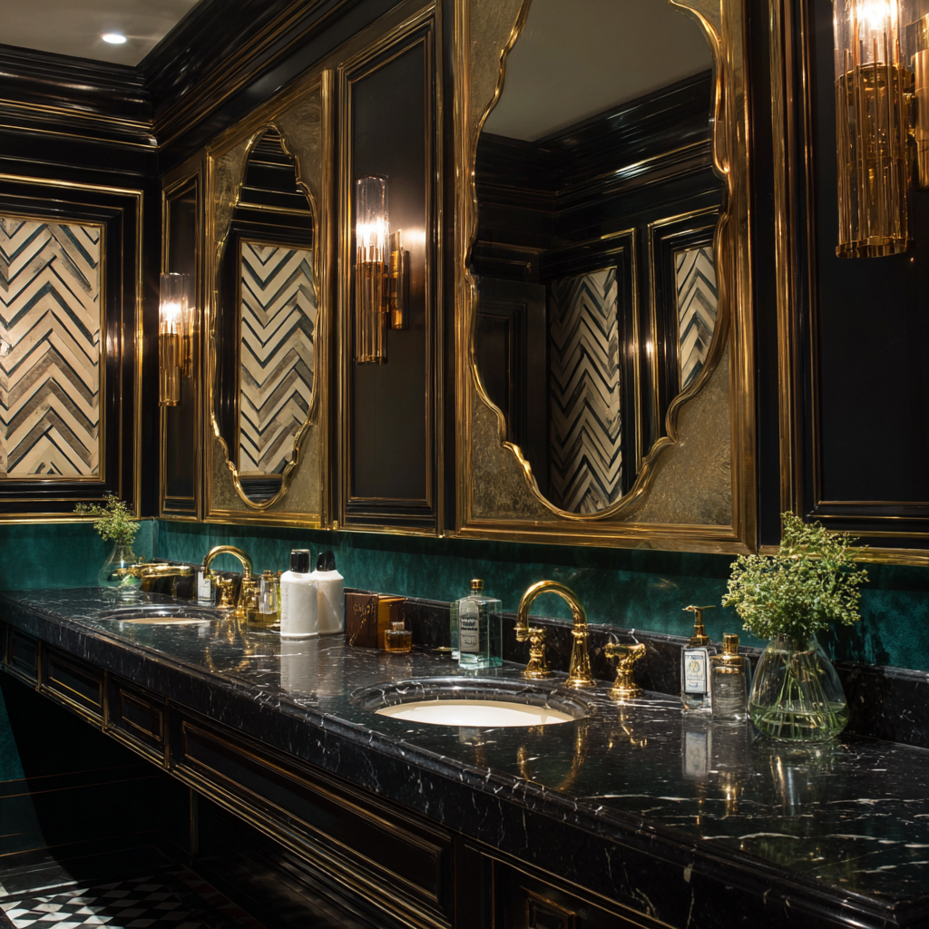  Luxurious Art Deco bathroom with dark marble and gold trim.