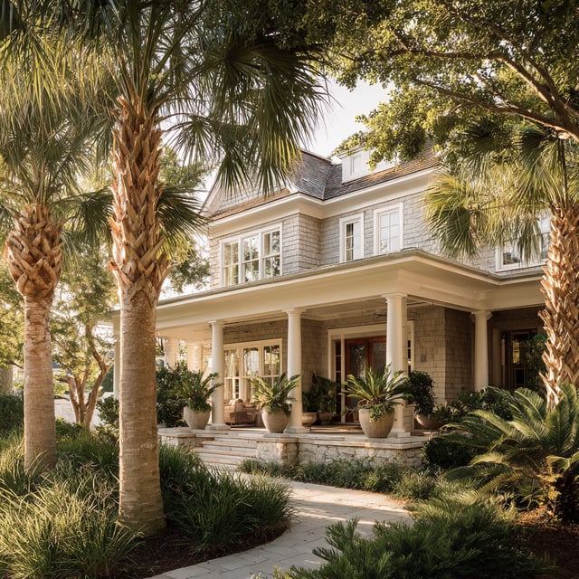 A luxurious, two-story Southern-style home with classic architectural elements and lush landscaping.