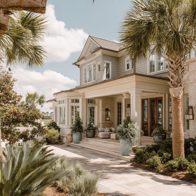 Luxurious Southern home with a large porch and palm trees.