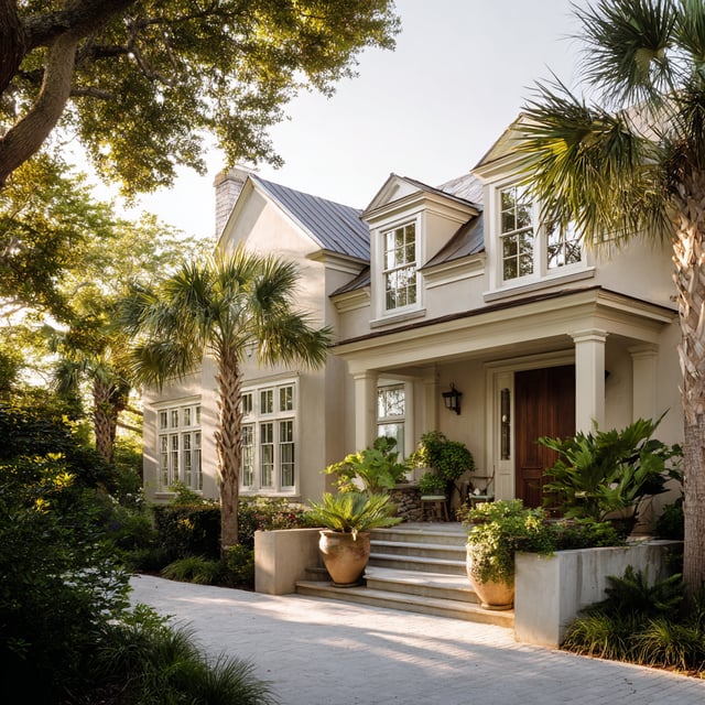 Elegant Southern home with metal roof and palm trees.