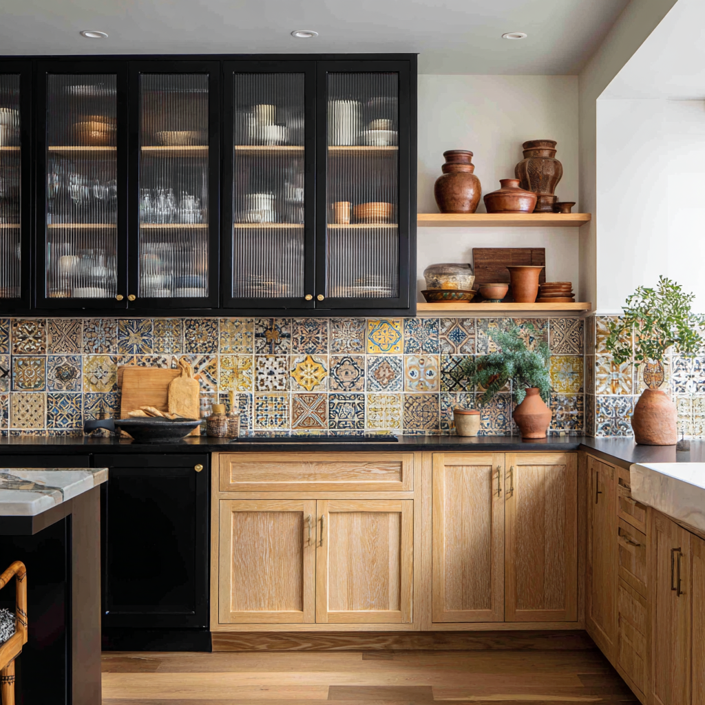 Eclectic kitchen with black fluted-glass upper cabinets, natural oak lower cabinets, black countertops, and a colorful encaustic-style patterned tile backsplash in blue, mustard, and cream tones, accented with open wood shelves and pottery.