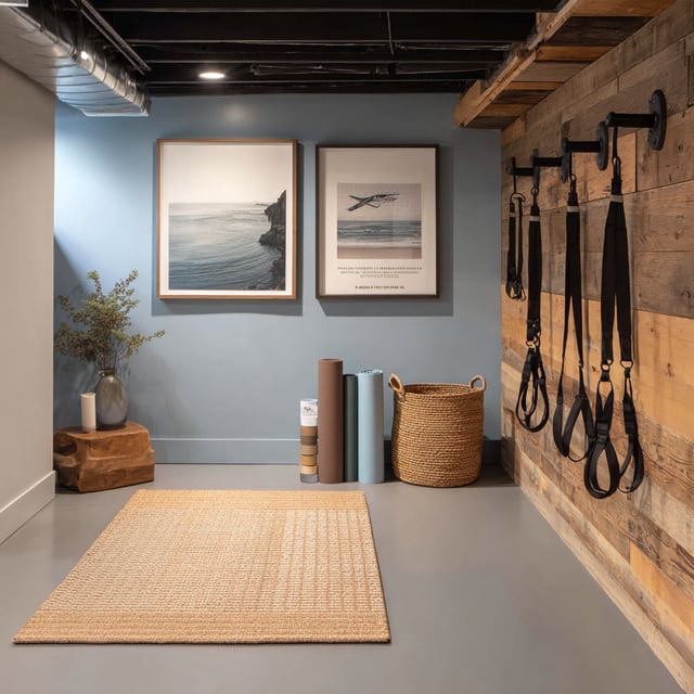 Minimalist basement home gym with yoga mats, wall straps, and framed artwork.