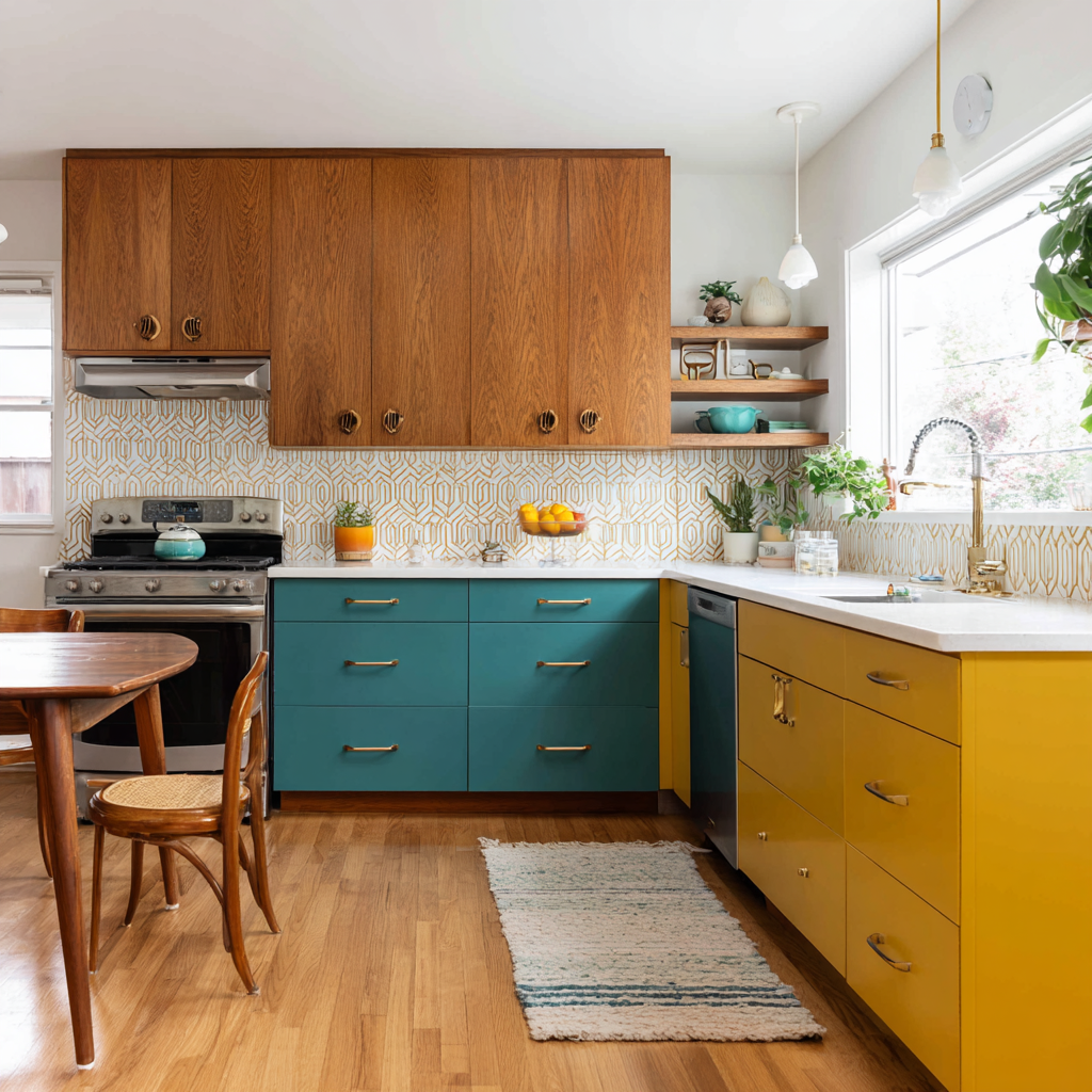 u5821215A mid-century modern kitchen featuring two-tone cabinets