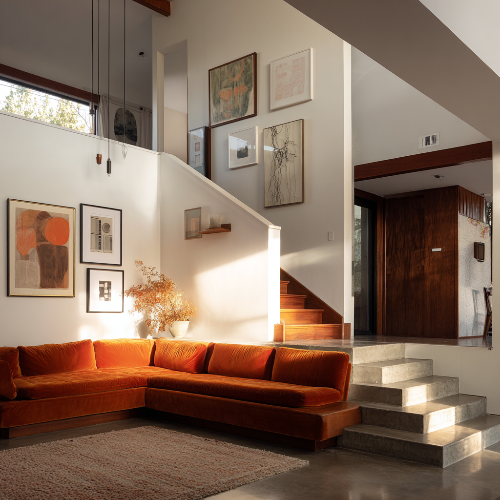 Image: [The mid-century split-level living room with concrete steps, a white plaster half wall, and a rust-orange sectional]