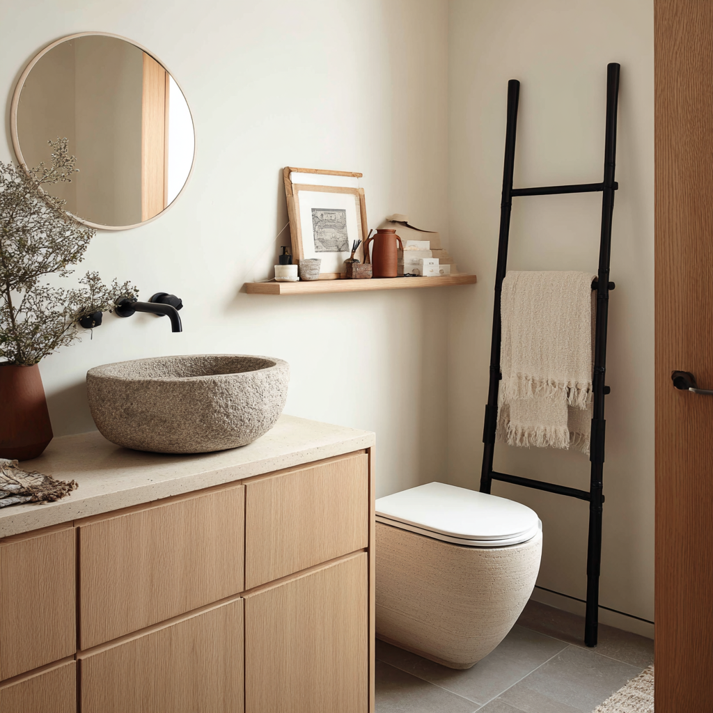 Minimalist Japandi half bathroom with stone sink and wooden vanity.