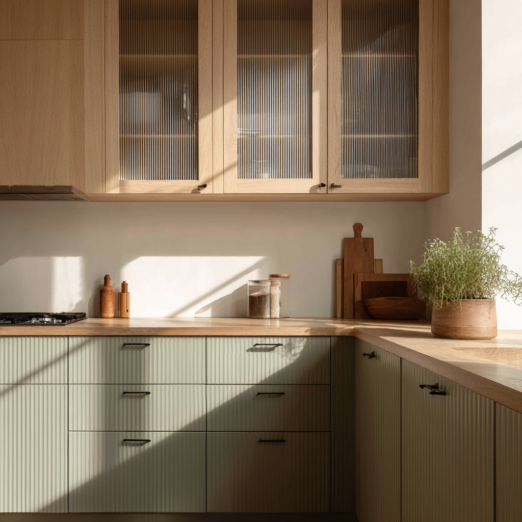 A minimalist Japandi style kitchen with upper cabinets