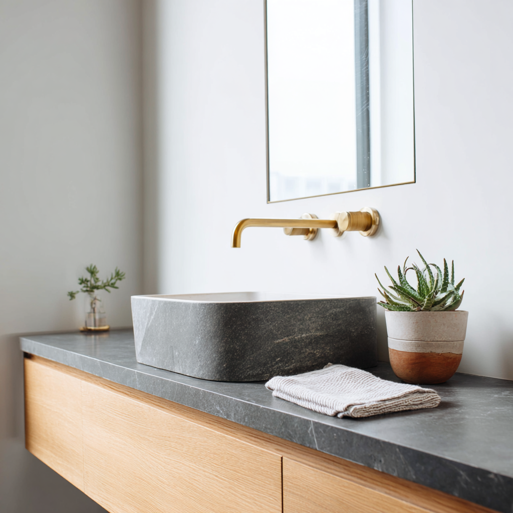 A close-up view of a modern bathroom vanity featuring a rectangular gray stone vessel sink, a wall-mounted brass faucet, a light wooden floating cabinet base, and a dark stone countertop with two small potted plants.